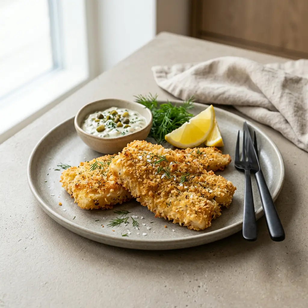 Foto von Panierter Fisch aus der Heißluftfritteuse fertig zubereitet in der Heißluftfritteuse