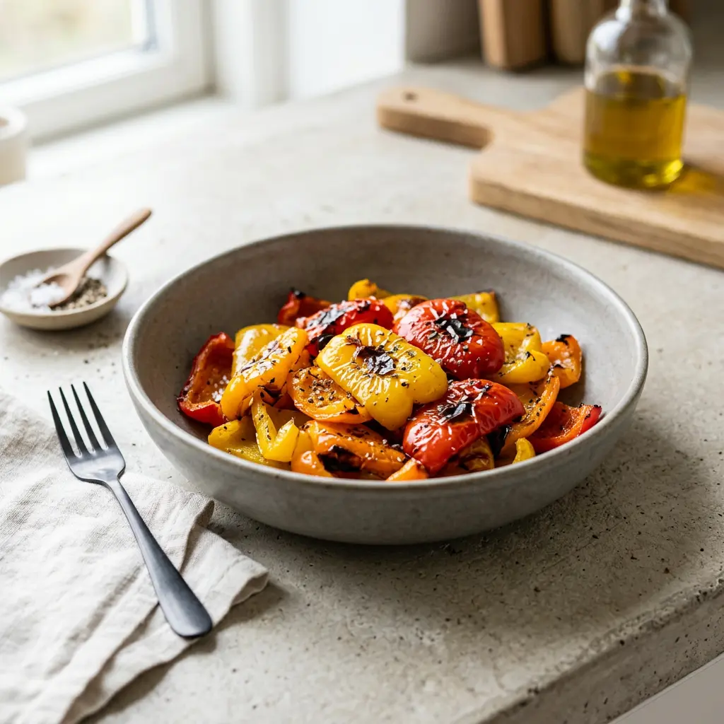 Foto von Paprika aus der Heißluftfritteuse fertig zubereitet in der Heißluftfritteuse