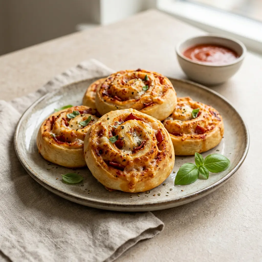 Foto von Pizzaschnecken aus der Heißluftfritteuse fertig zubereitet in der Heißluftfritteuse