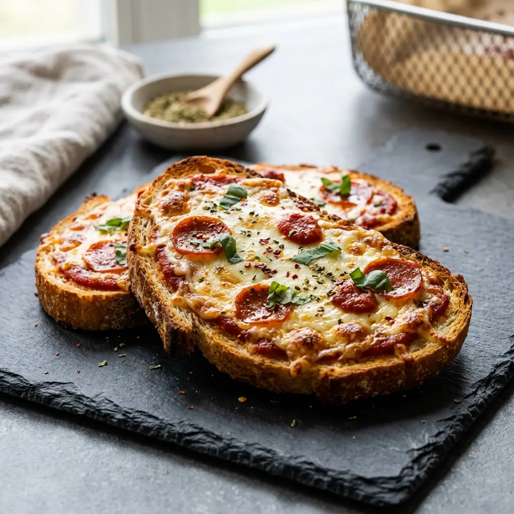 Foto von Pizzatoast aus der Heißluftfritteuse fertig zubereitet in der Heißluftfritteuse