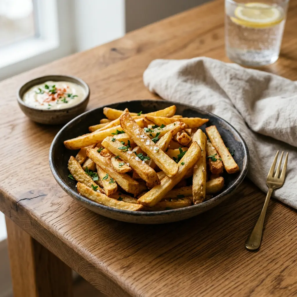 Foto von Pommes frites aus der Heißluftfritteuse fertig zubereitet in der Heißluftfritteuse