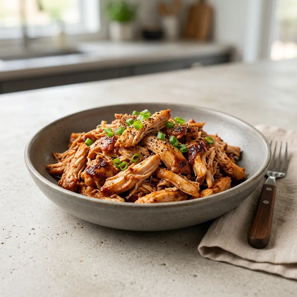 Foto von Pulled Chicken aus der Heißluftfritteuse fertig zubereitet in der Heißluftfritteuse