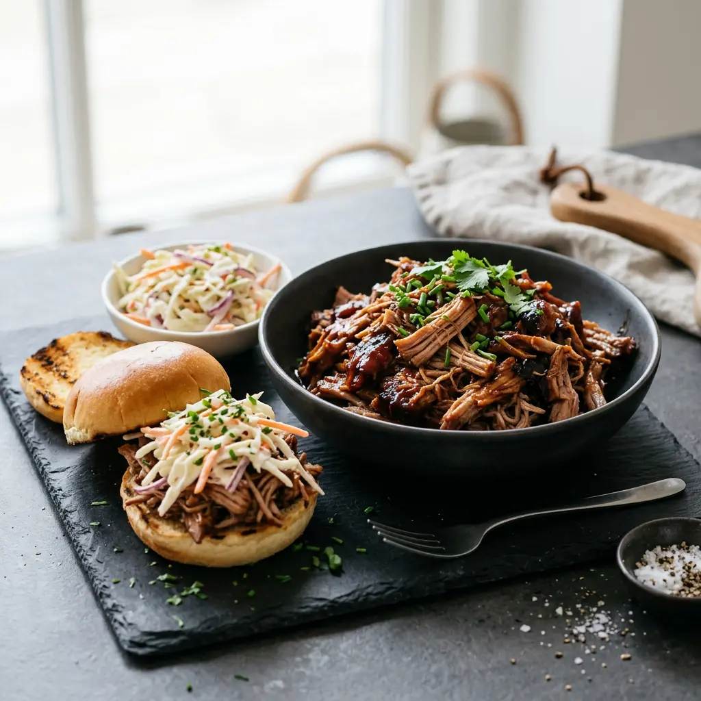 Foto von Pulled Pork aus der Heißluftfritteuse fertig zubereitet in der Heißluftfritteuse