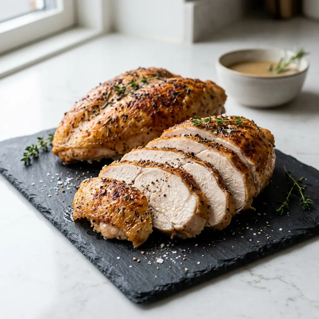 Foto von Putenbrust aus der Heißluftfritteuse fertig zubereitet in der Heißluftfritteuse