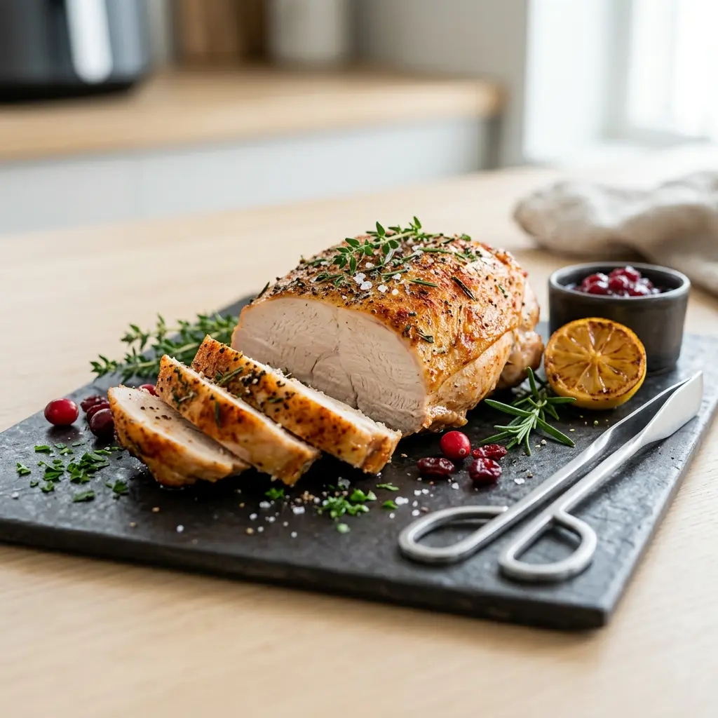 Foto von Putenfilet aus der Heißluftfritteuse fertig zubereitet in der Heißluftfritteuse