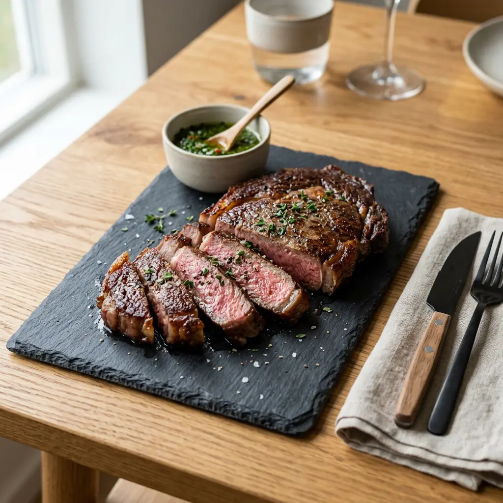 Foto von Ribeye-Steak aus der Heißluftfritteuse fertig zubereitet in der Heißluftfritteuse
