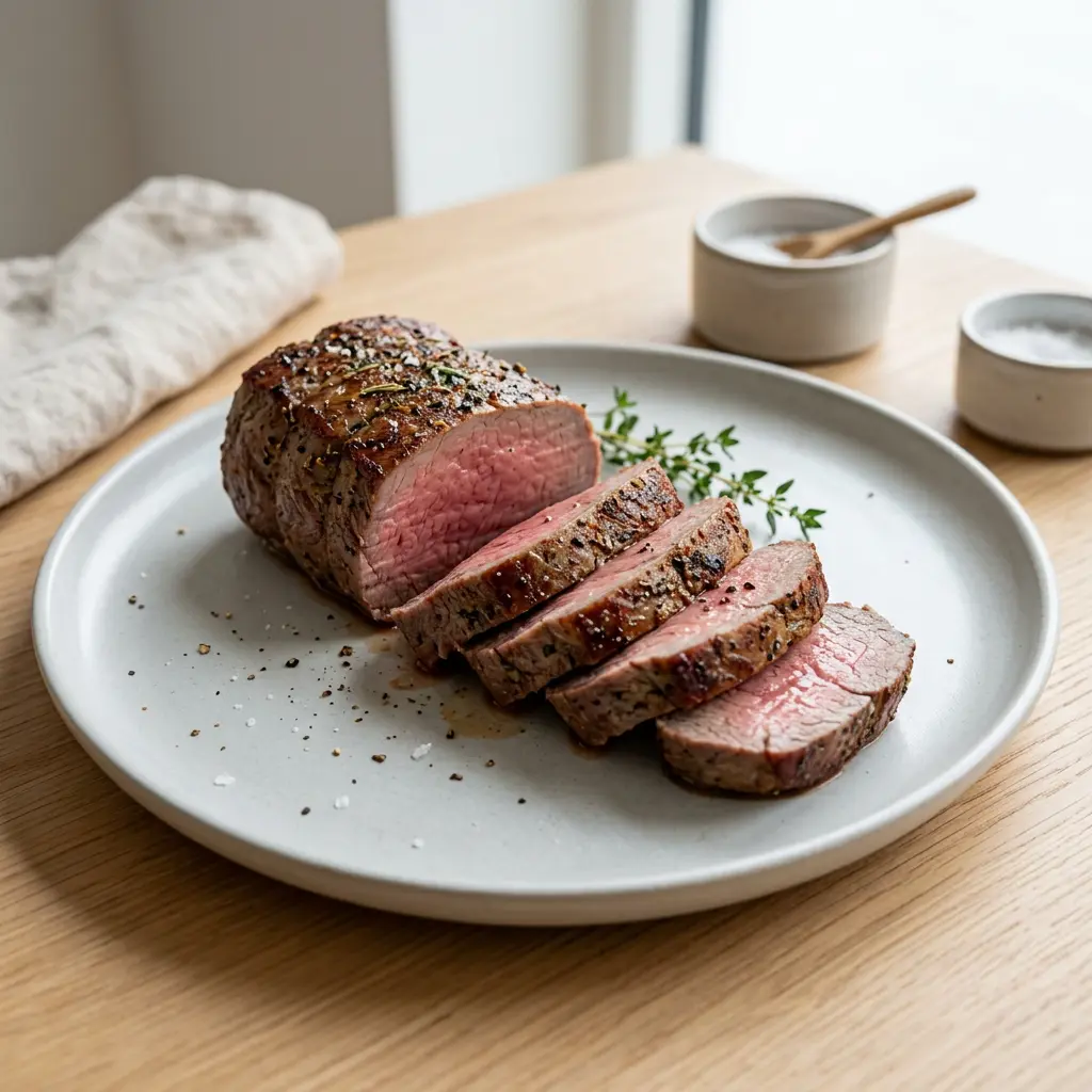 Foto von Rinderfilet aus der Heißluftfritteuse fertig zubereitet in der Heißluftfritteuse