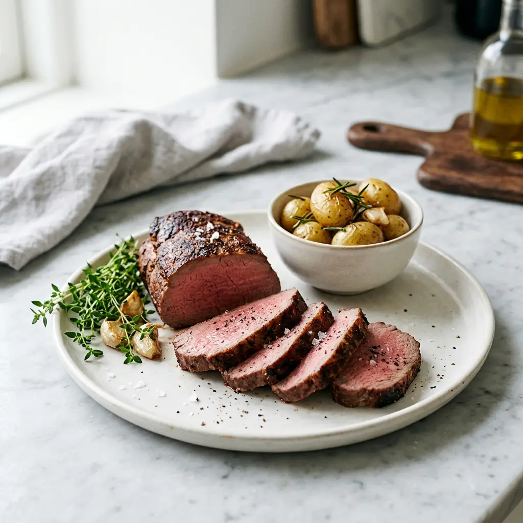 Foto von Rinderrückenfilet aus der Heißluftfritteuse fertig zubereitet in der Heißluftfritteuse