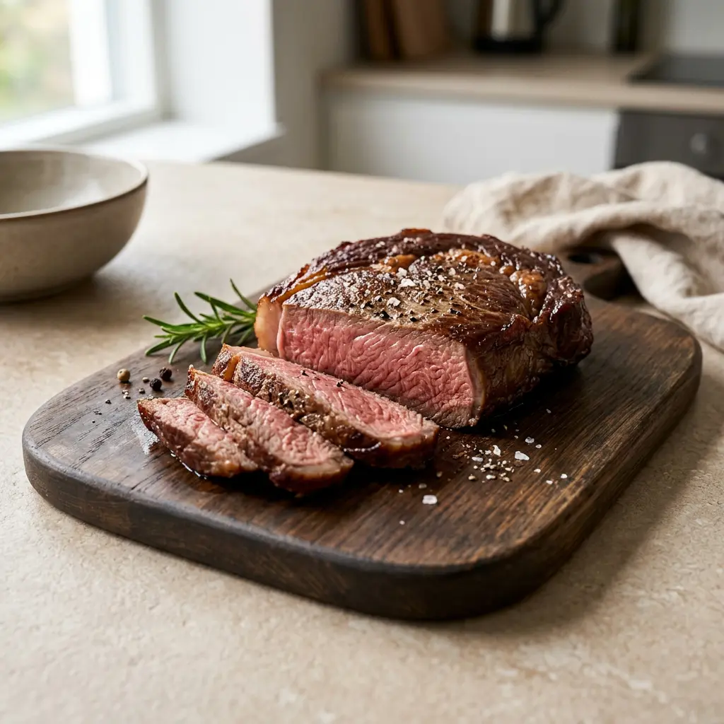 Foto von Rindersteak aus der Heißluftfritteuse fertig zubereitet in der Heißluftfritteuse