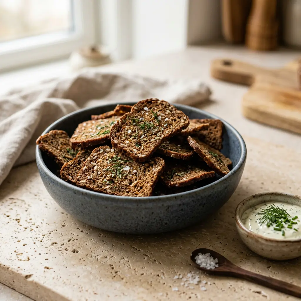 Foto von Roggenbrotchips aus der Heißluftfritteuse fertig zubereitet in der Heißluftfritteuse