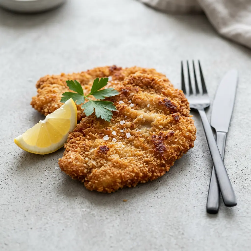 Foto von Schnitzel aus der Heißluftfritteuse fertig zubereitet in der Heißluftfritteuse