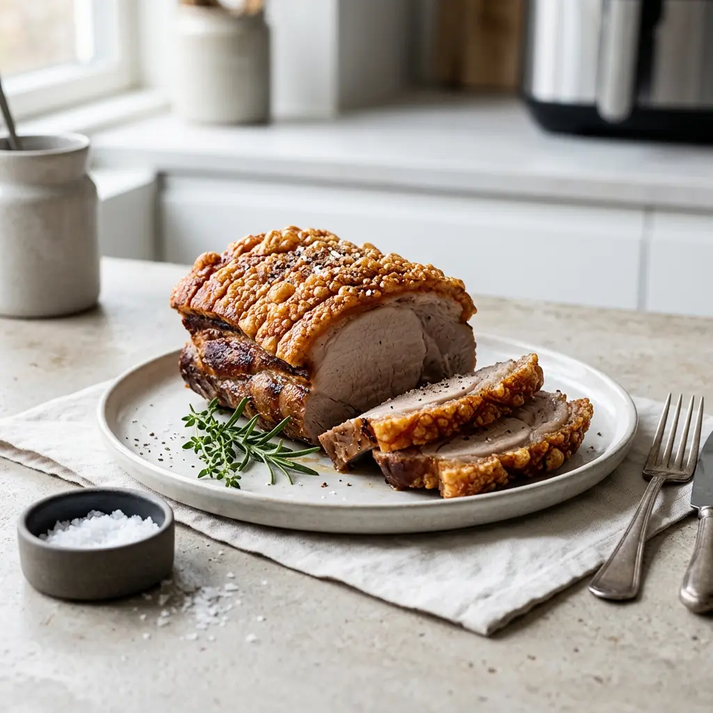 Foto von Schweinebraten mit Kruste aus der Heißluftfritteuse fertig zubereitet in der Heißluftfritteuse
