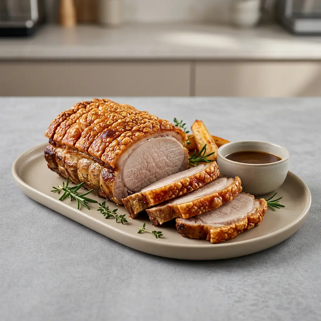 Foto von Schweinelachsbraten aus der Heißluftfritteuse fertig zubereitet in der Heißluftfritteuse