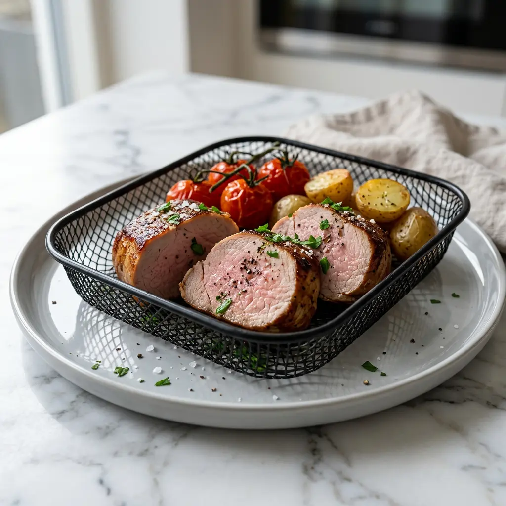 Foto von Schweinemedaillons aus der Heißluftfritteuse fertig zubereitet in der Heißluftfritteuse