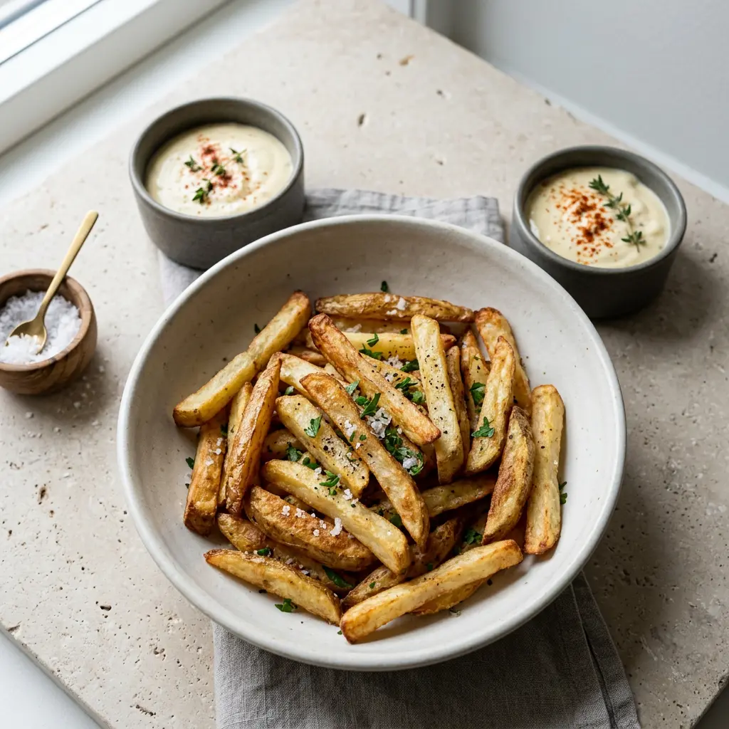 Foto von Selbst gemachte Pommes frites aus der Heißluftfritteuse fertig zubereitet in der Heißluftfritteuse