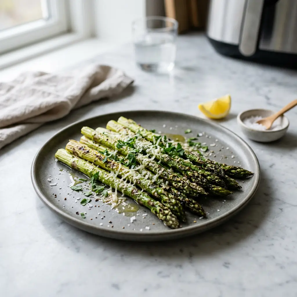 Foto von Spargel aus der Heißluftfritteuse fertig zubereitet in der Heißluftfritteuse