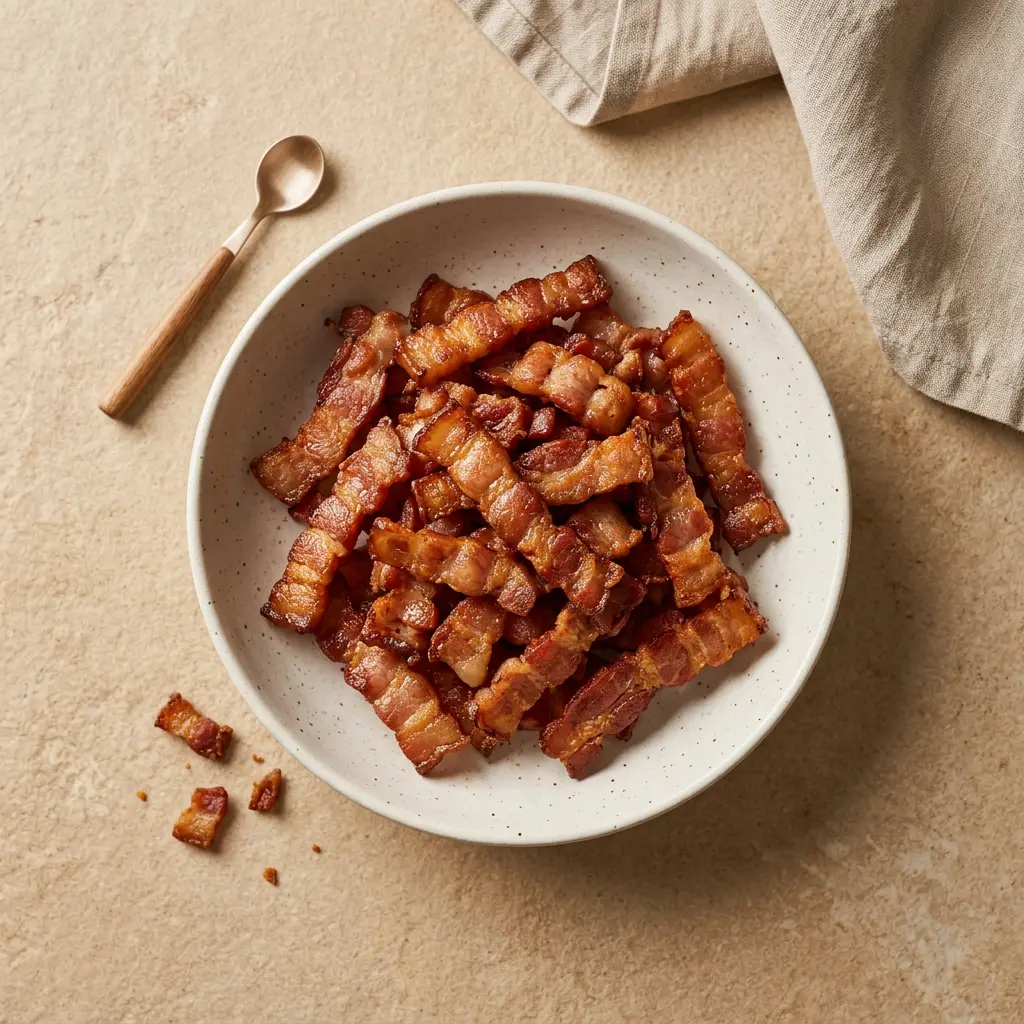 Foto von Speckwürfel aus der Heißluftfritteuse fertig zubereitet in der Heißluftfritteuse