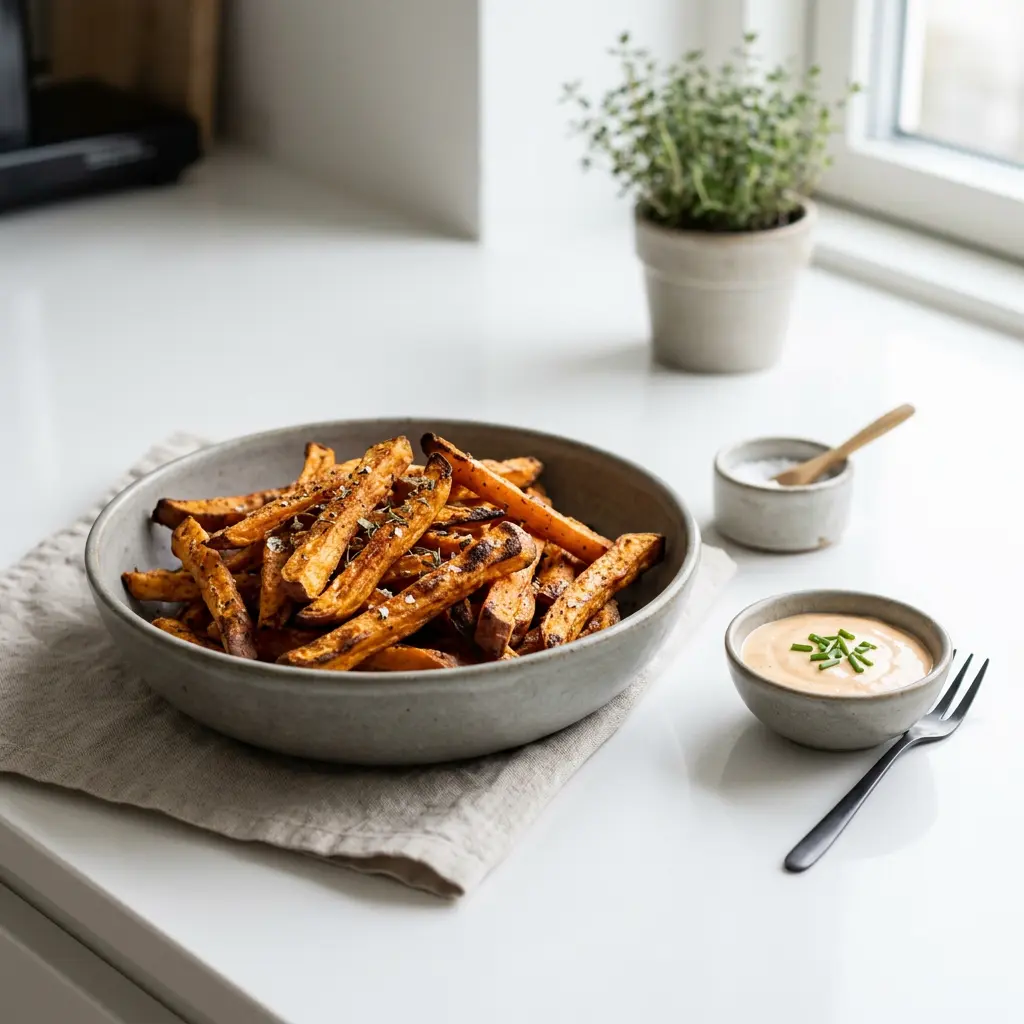 Foto von Süßkartoffel-Pommes aus der Heißluftfritteuse fertig zubereitet in der Heißluftfritteuse