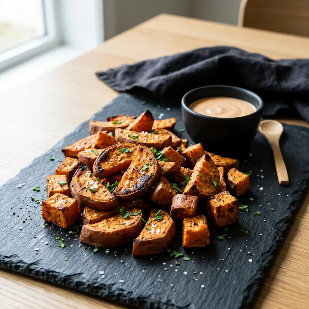 Foto von Süßkartoffeln aus der Heißluftfritteuse fertig zubereitet in der Heißluftfritteuse