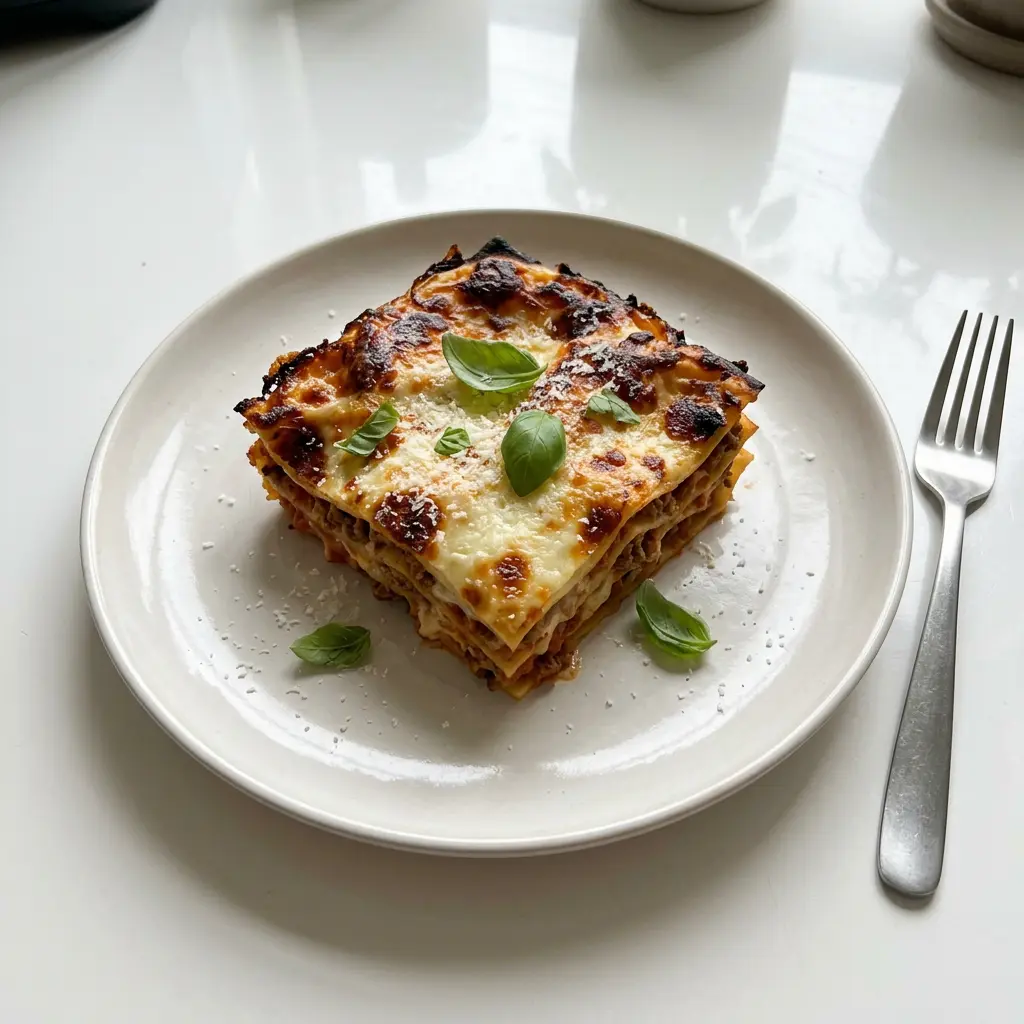 Foto von Tiefkühllasagne aus der Heißluftfritteuse fertig zubereitet in der Heißluftfritteuse