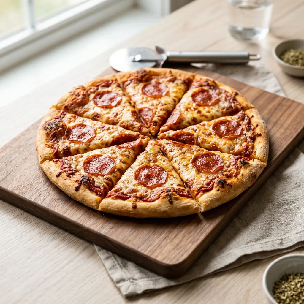 Foto von Tiefkühlpizza aus der Heißluftfritteuse fertig zubereitet in der Heißluftfritteuse