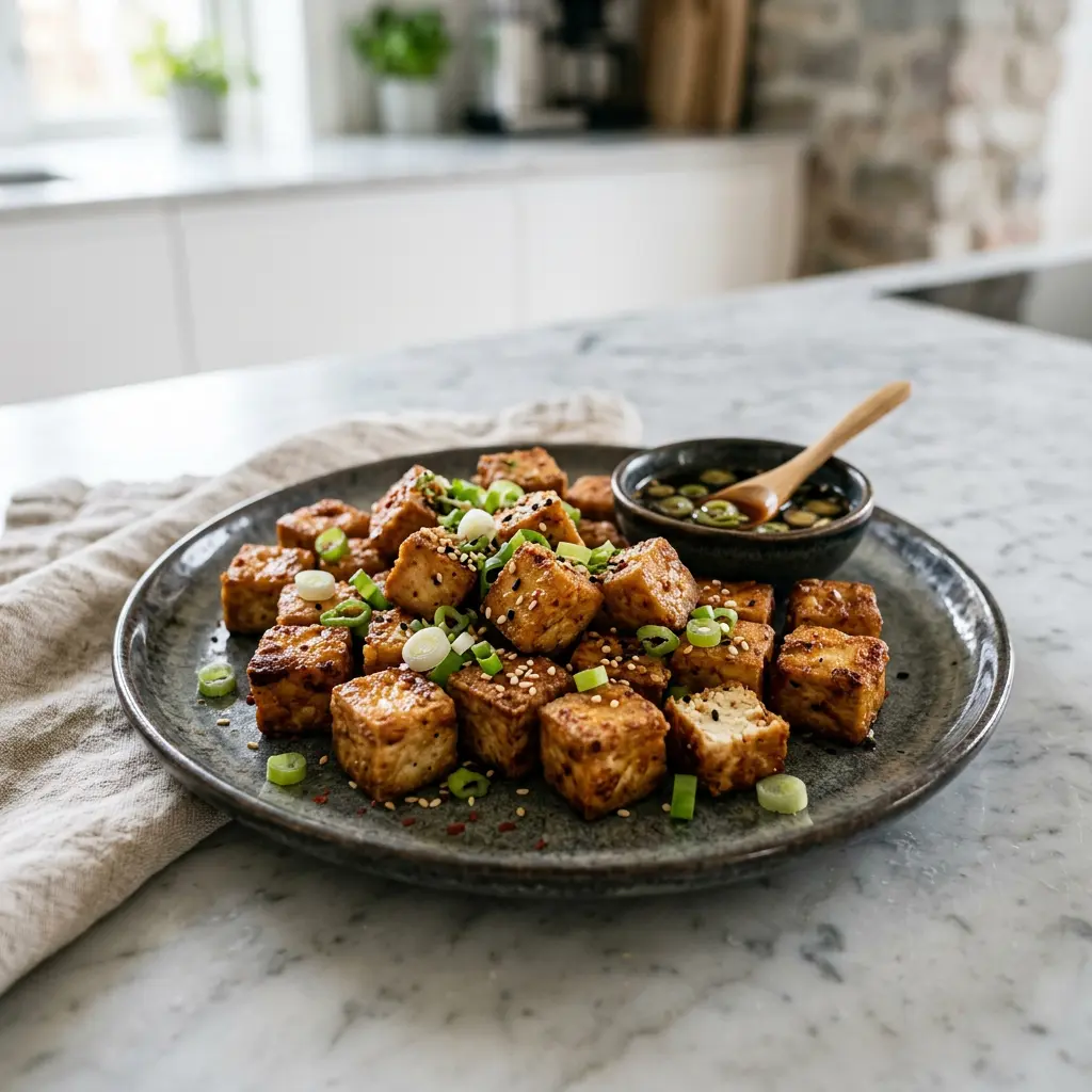 Foto von Tofu aus der Heißluftfritteuse fertig zubereitet in der Heißluftfritteuse