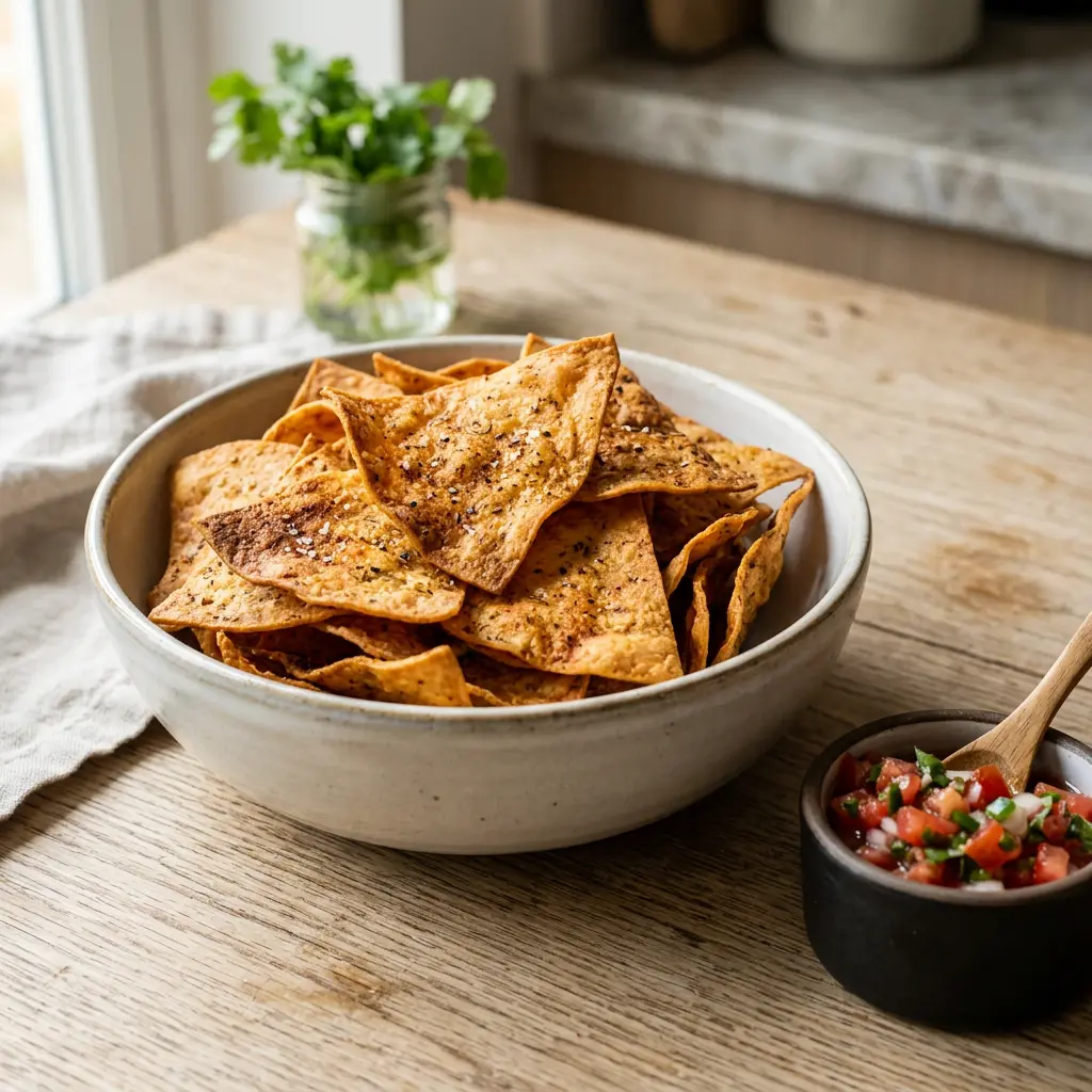 Foto von Tortilla-Chips aus der Heißluftfritteuse fertig zubereitet in der Heißluftfritteuse