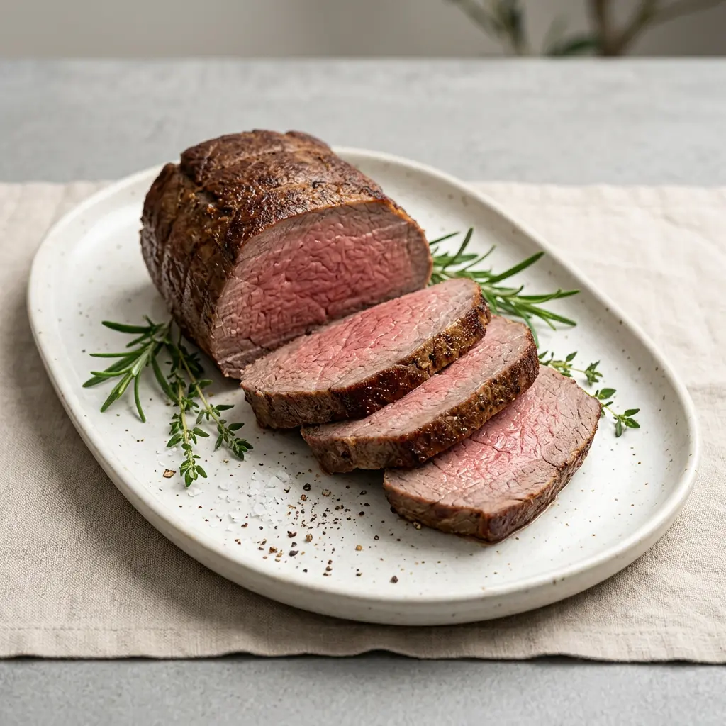 Foto von Tri-Tip-Braten aus der Heißluftfritteuse fertig zubereitet in der Heißluftfritteuse