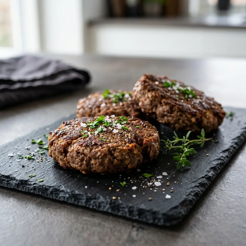 Foto von Vegetarische Burger-Patties aus der Heißluftfritteuse fertig zubereitet in der Heißluftfritteuse