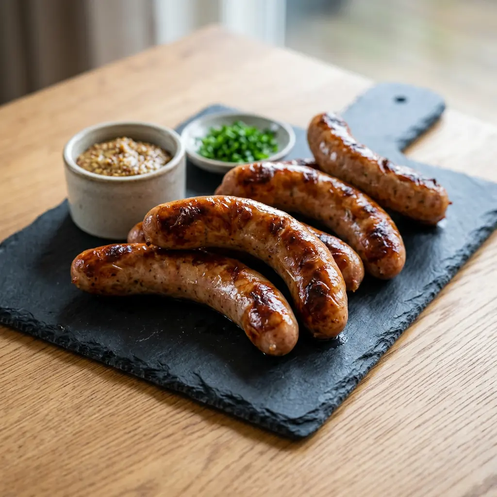 Foto von Würstchen aus der Heißluftfritteuse fertig zubereitet in der Heißluftfritteuse