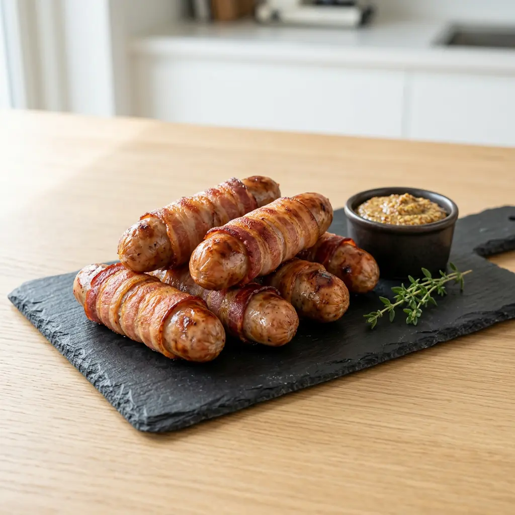 Foto von Würstchen im Speckmantel aus der Heißluftfritteuse fertig zubereitet in der Heißluftfritteuse