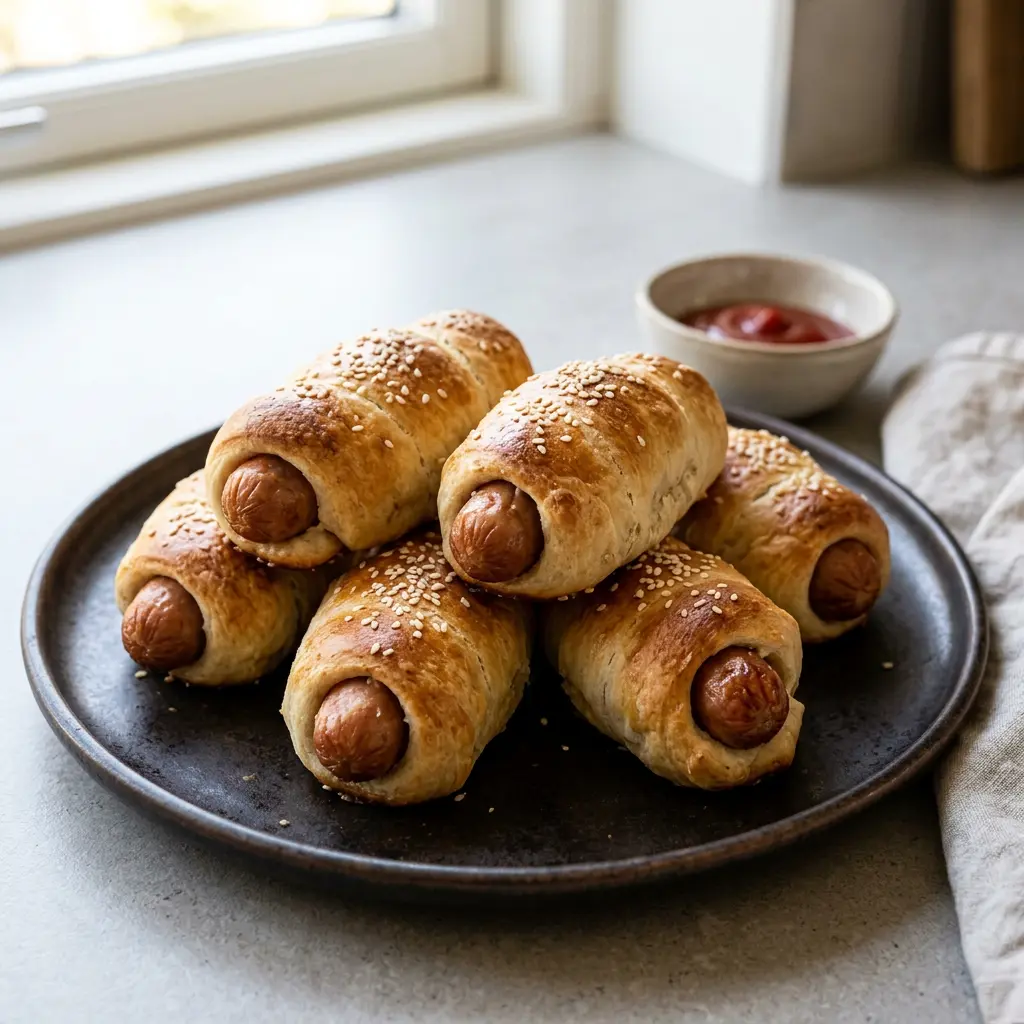 Foto von Würstchen im Teigmantel aus der Heißluftfritteuse fertig zubereitet in der Heißluftfritteuse