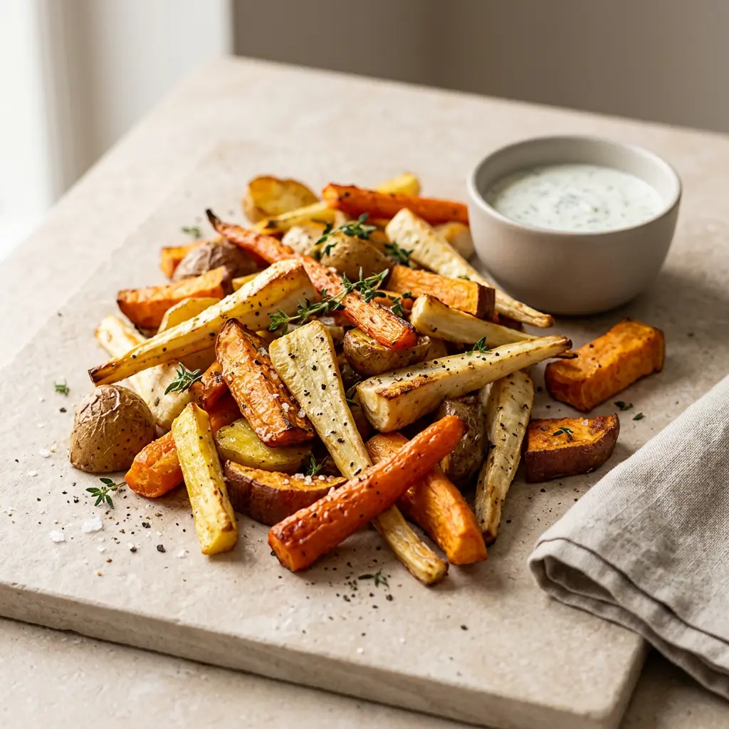 Foto von Wurzelgemüse aus der Heißluftfritteuse fertig zubereitet in der Heißluftfritteuse