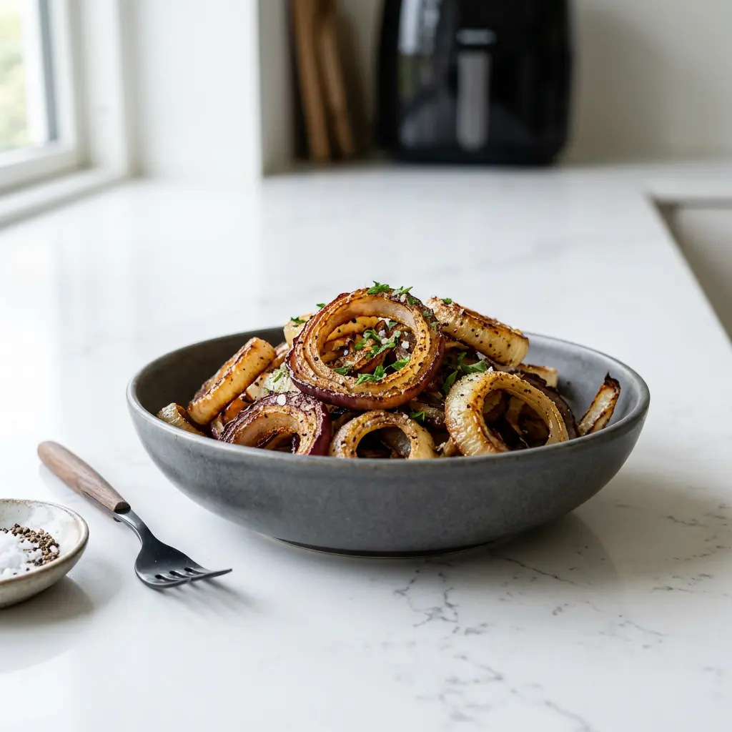 Foto von Zwiebeln aus der Heißluftfritteuse fertig zubereitet in der Heißluftfritteuse
