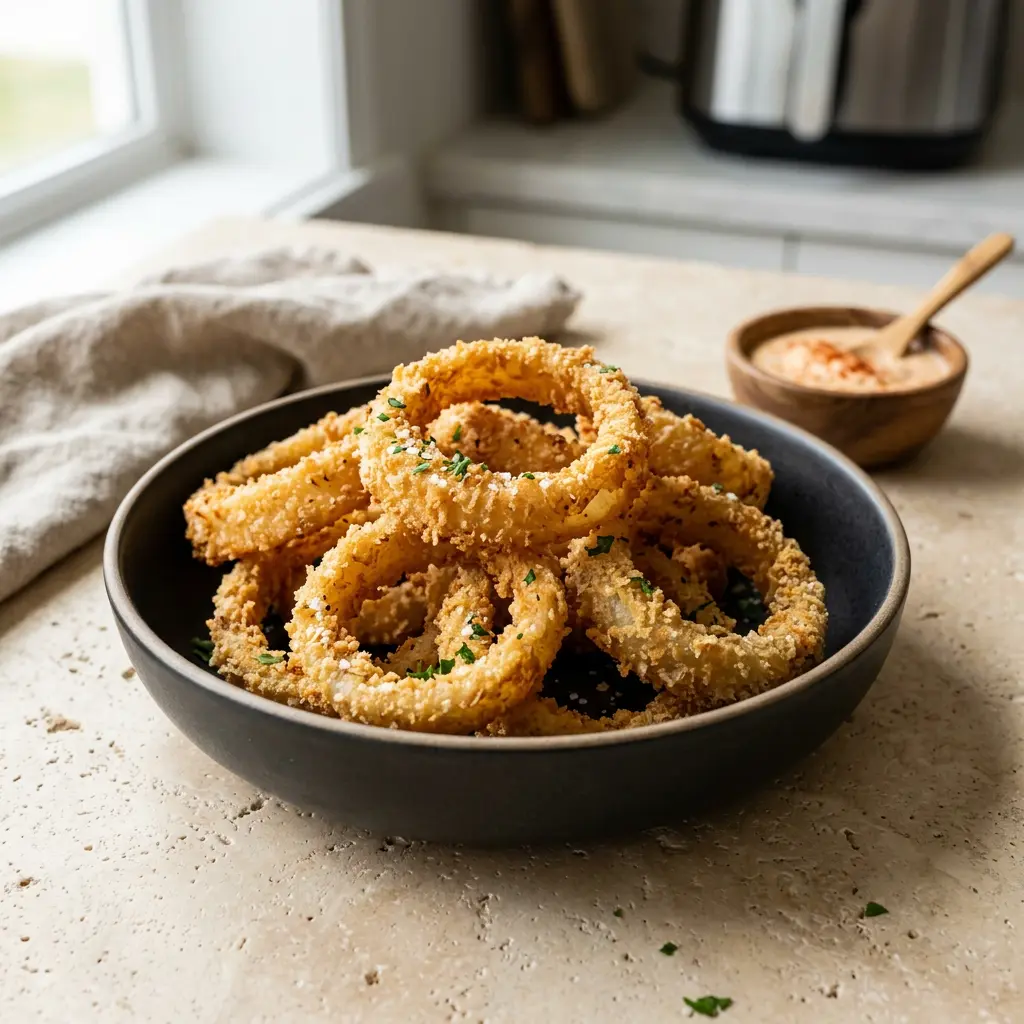 Foto von Zwiebelringe aus der Heißluftfritteuse fertig zubereitet in der Heißluftfritteuse