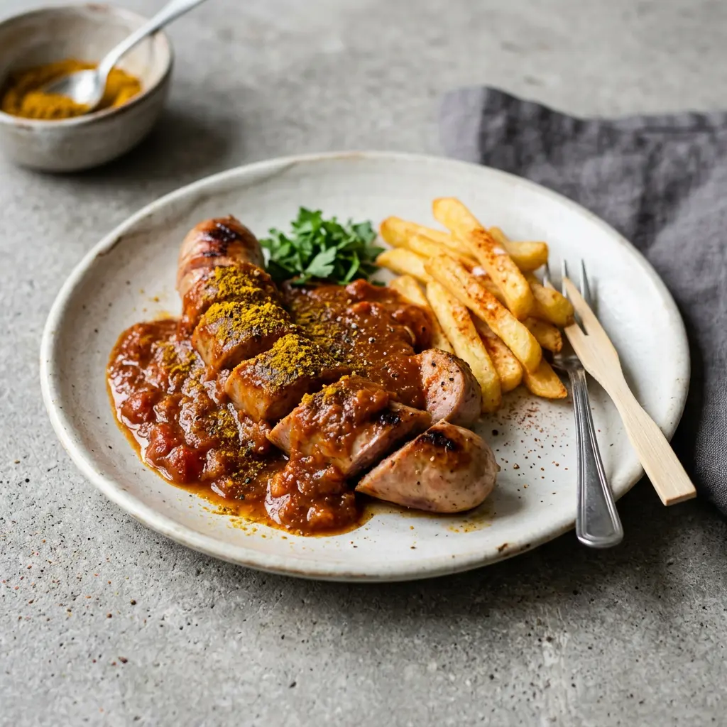 Foto von Currywurst servierfertig angerichtet