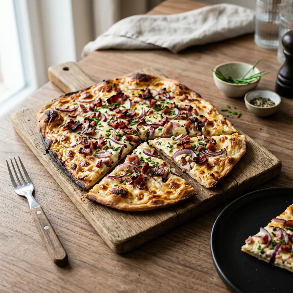 Foto von Flammkuchen servierfertig angerichtet