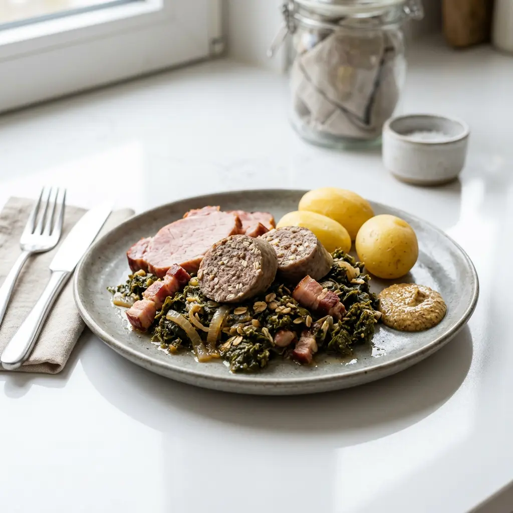 Foto von Grünkohl mit Pinkel servierfertig angerichtet