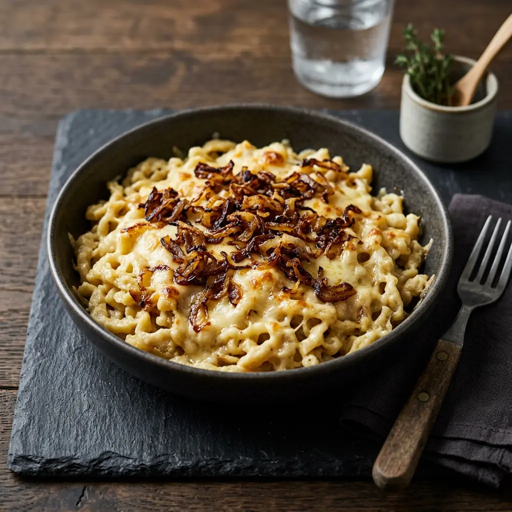 Foto von Käsespätzle servierfertig angerichtet