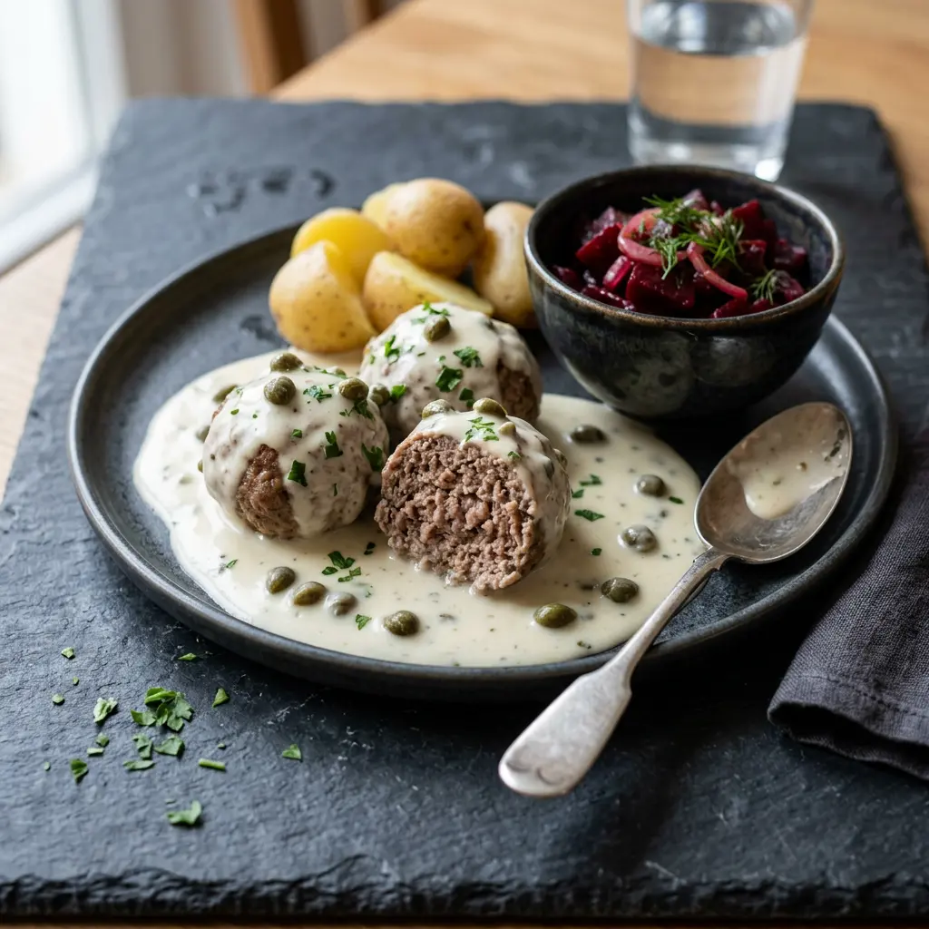 Foto von Königsberger Klopse servierfertig angerichtet