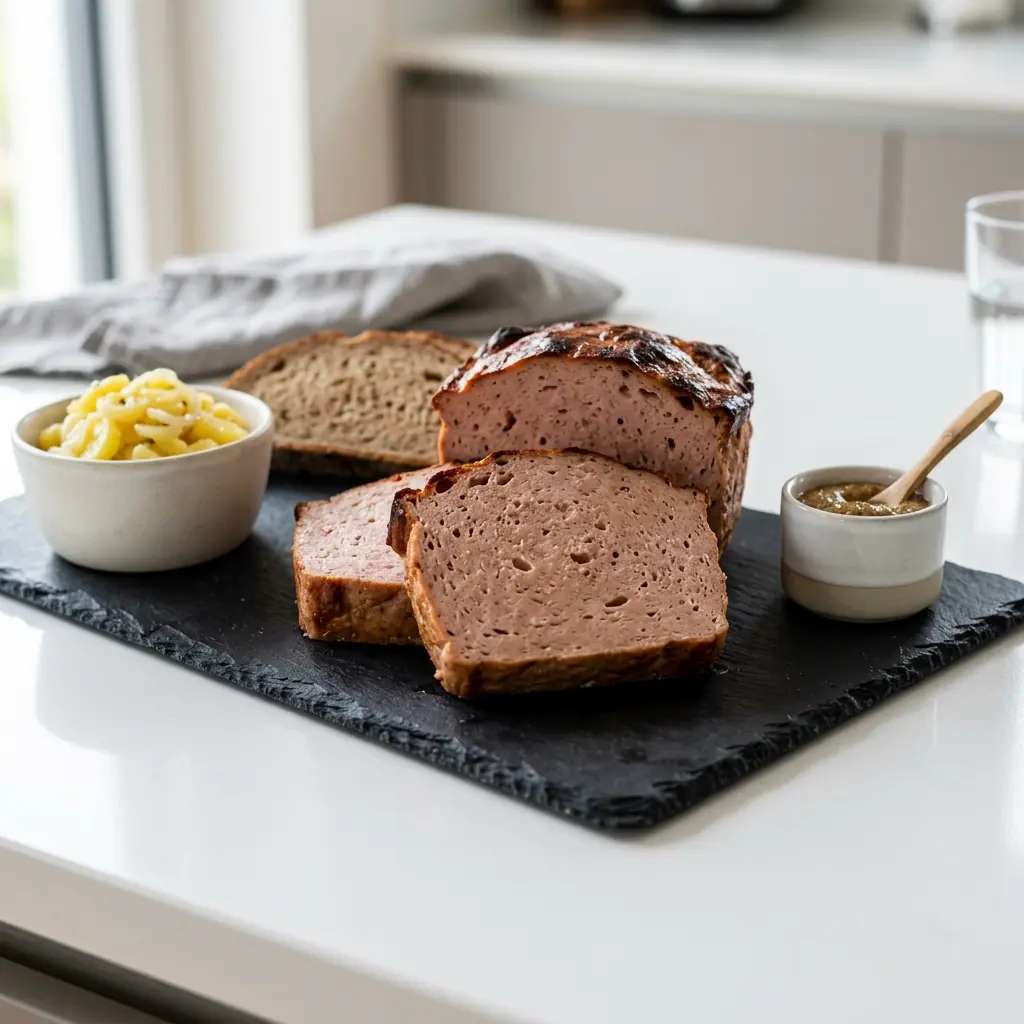 Foto von Leberkäse servierfertig angerichtet