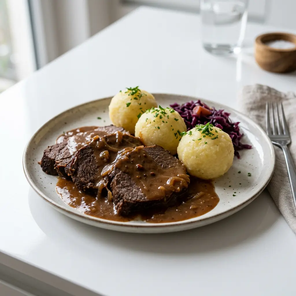 Foto von Sauerbraten servierfertig angerichtet