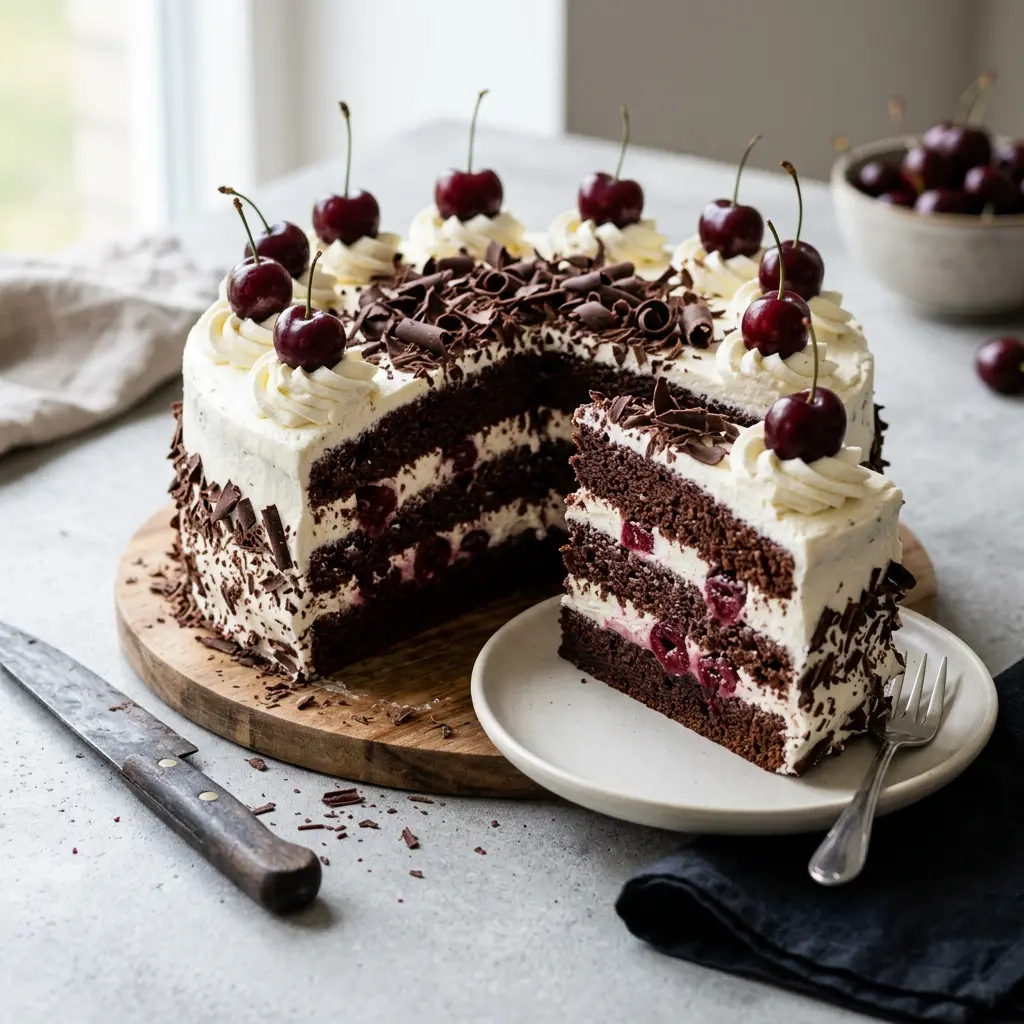 Foto von Schwarzwälder Kirschtorte servierfertig angerichtet