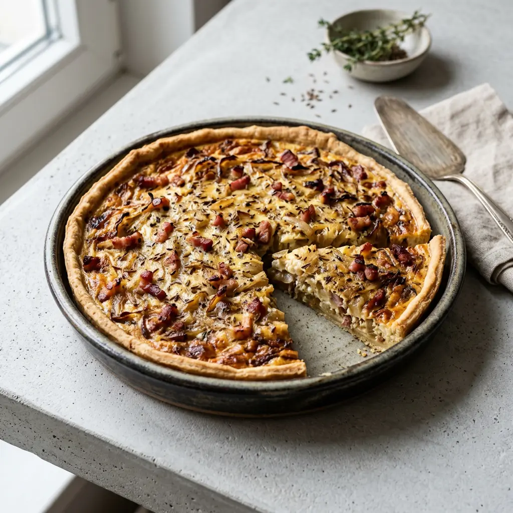 Foto von Zwiebelkuchen servierfertig angerichtet